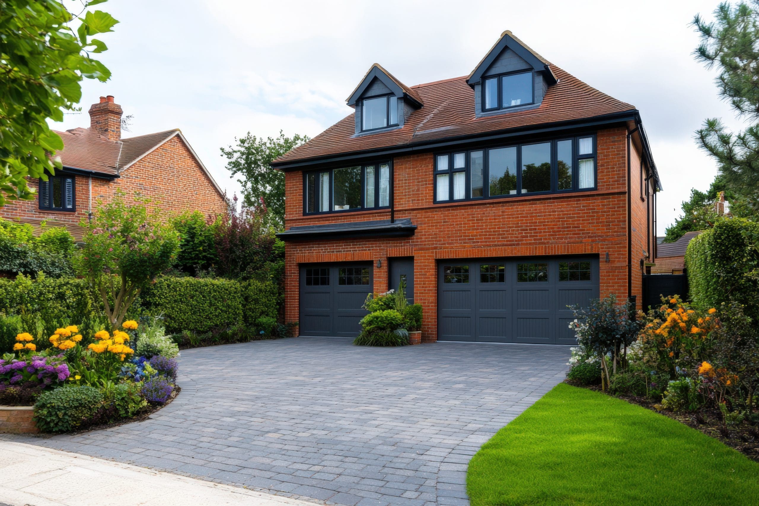 A two-story brick house with a brown roof and black-framed windows features a wide driveway leading to three garage doors. The landscaped front yard has vibrant flowers and neatly trimmed shrubs, surrounded by green trees.